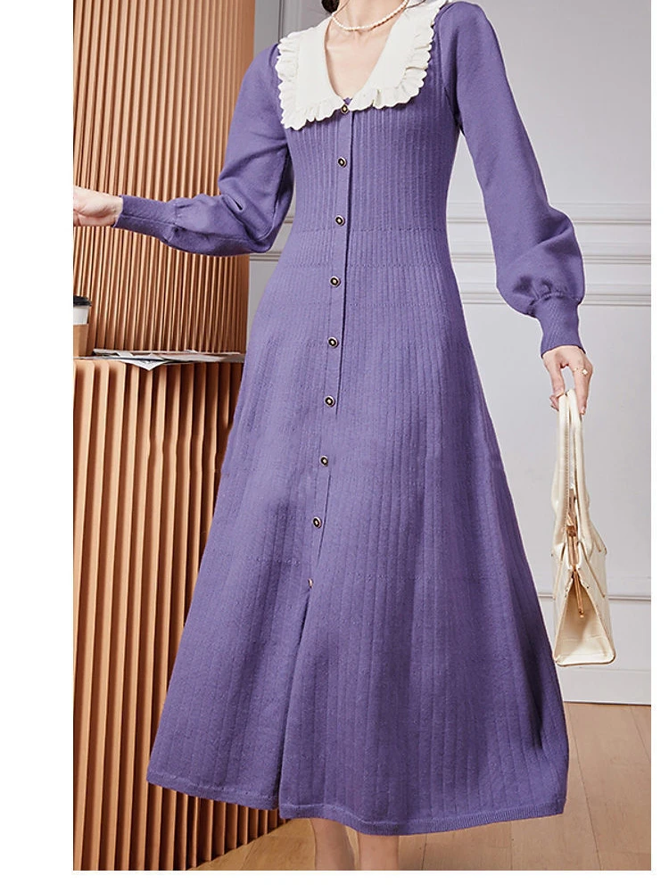 French Vintage Kint Sweater Dress for Women Winter Violet Contrasting Doll Neck Long Sleeve High Waist Spring Evening Dress Hot