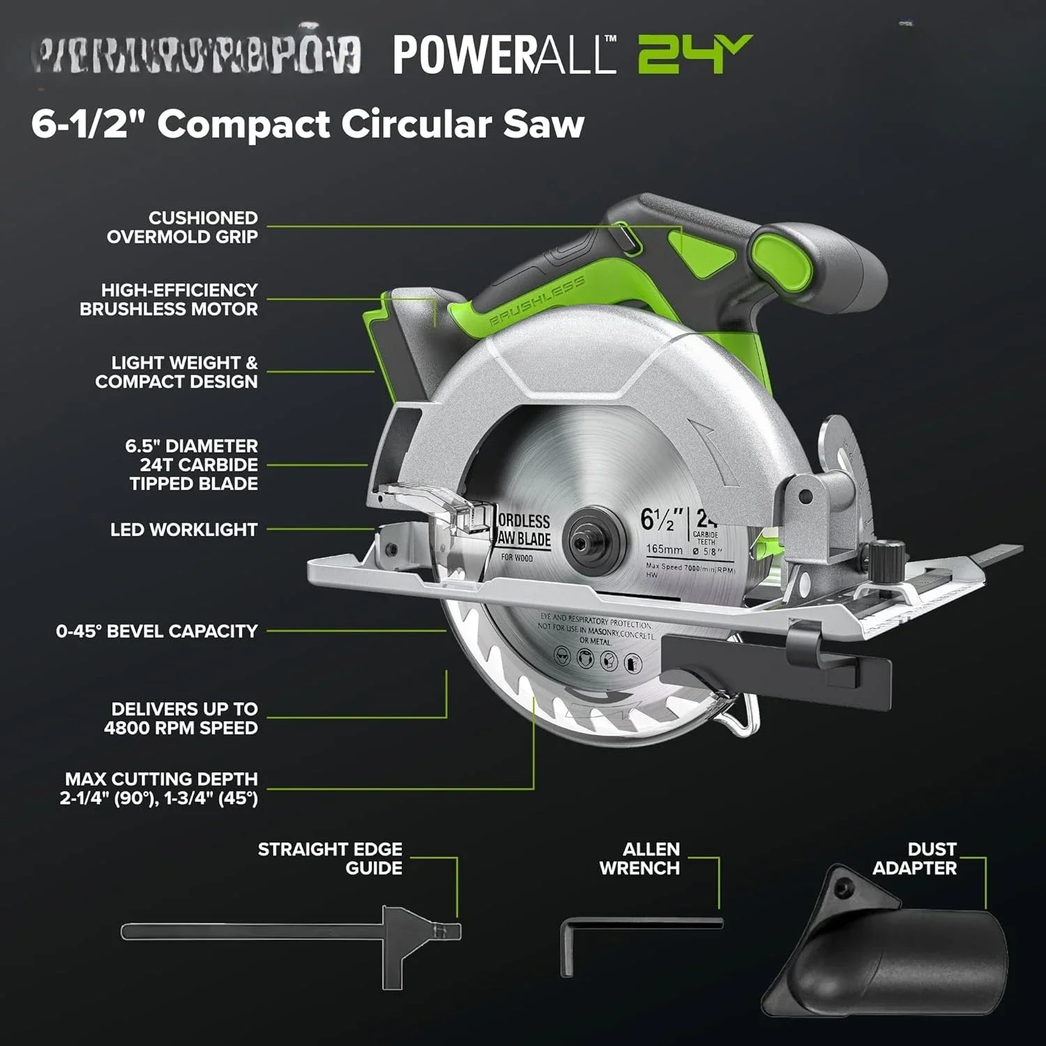 Combo de 4 piezas sin escobillas inalámbrico de 24 V, taladro/destornillador de 400 libras + destornillador de impacto de 1950 libras + sierra circular de 6,5 "+ linterna de 200 LM