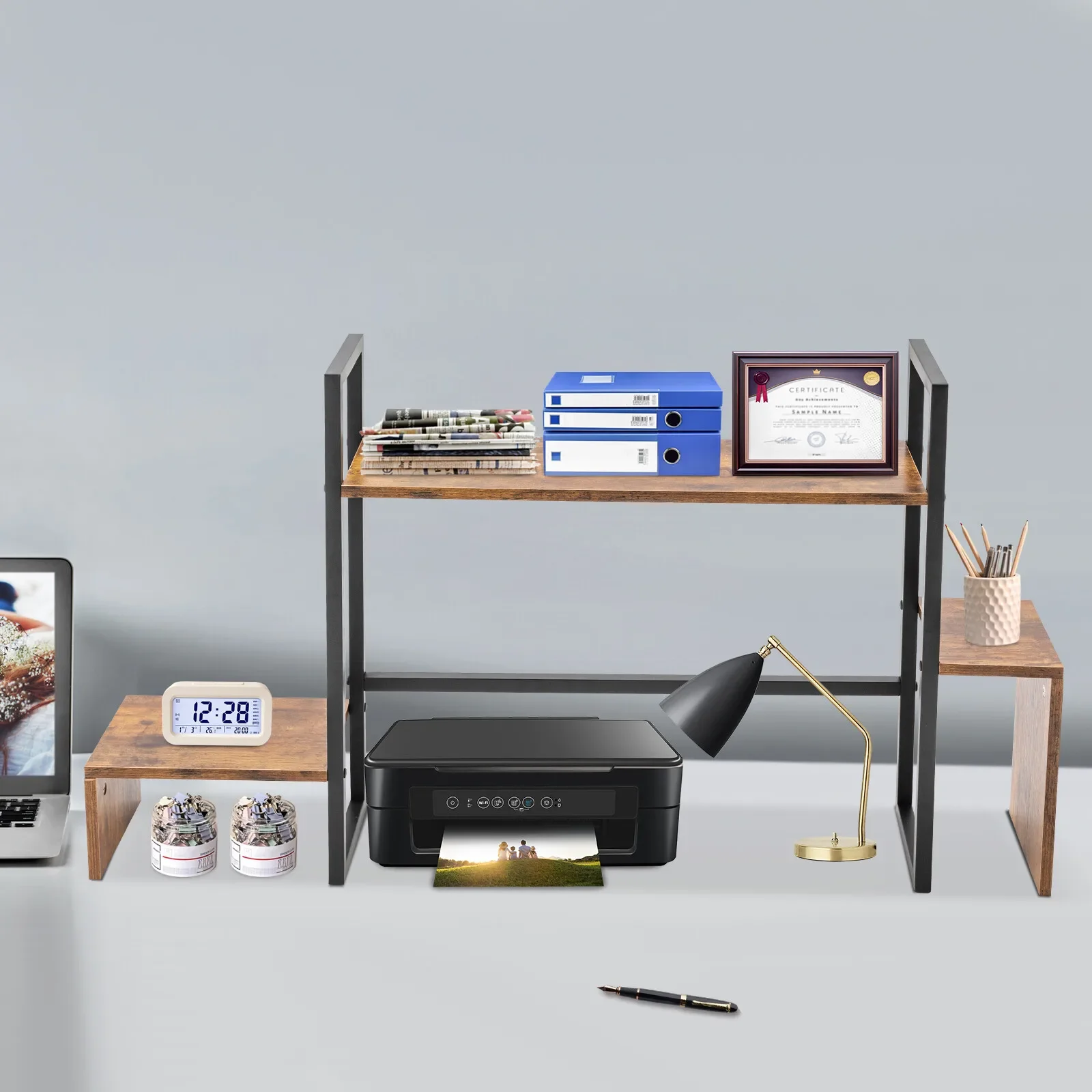 حامل كمبيوتر مكتبي مع رف تخزين - منظم موفر للمساحة للمكتب المنزلي