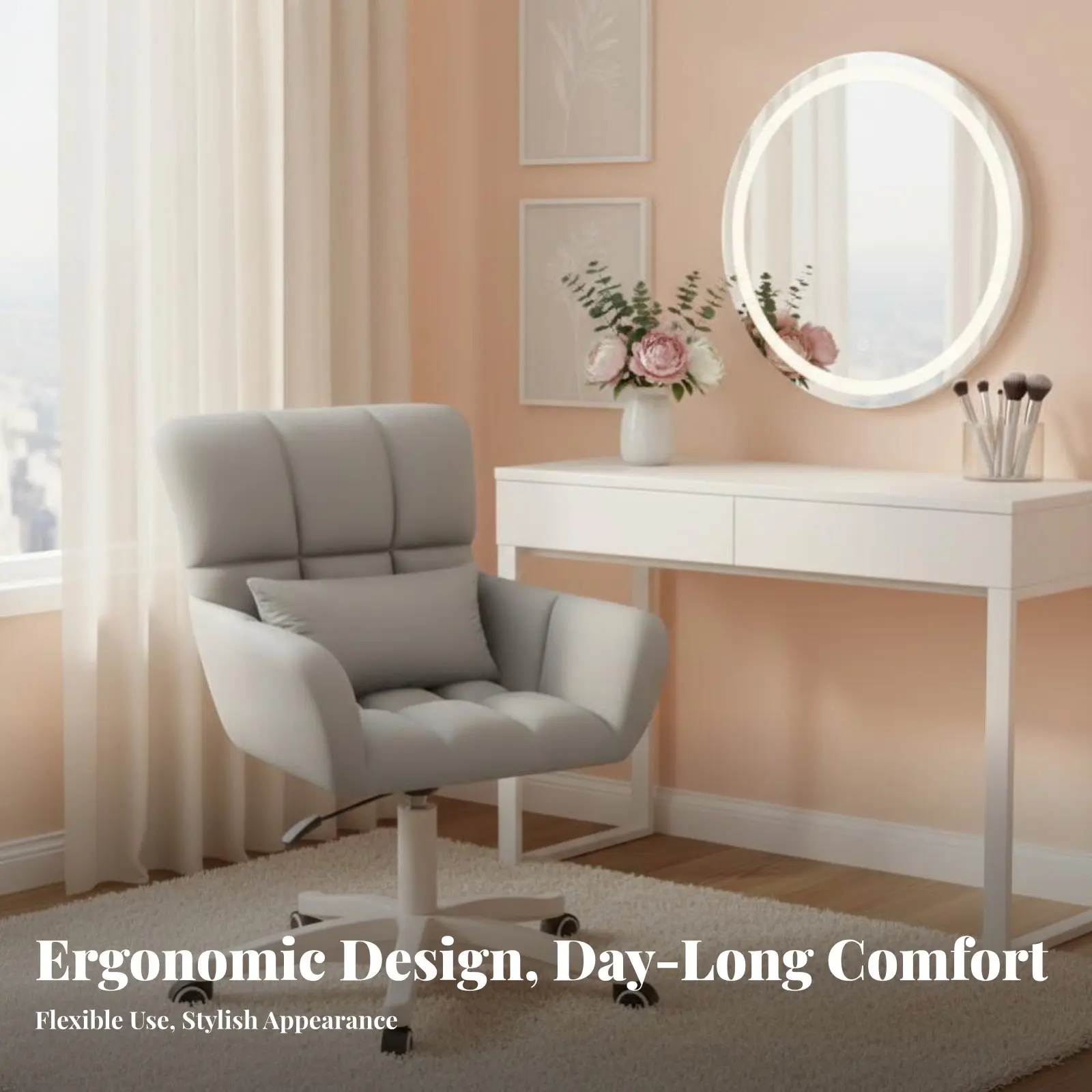 Cadeira giratória estofada com design ergonômico, altura ajustável, formato de orelha de gato, inclui almofada para estudantes.