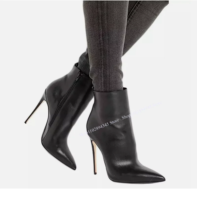 

Black Mid Calf Leather Zipper Boots Pointed Toe Thin High Heel Fashion Sexy Novel Western Winter Woman Shoes Zapatillas Mujer