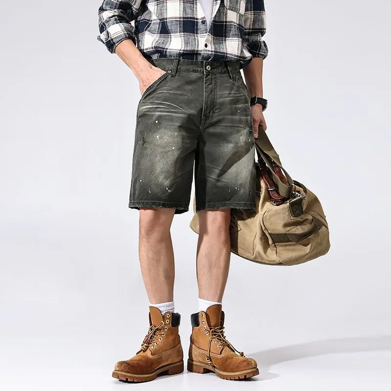 

JXN2039 Summer new splash ink workwear denim shorts men loose splicing cotton straight five trousers American casual
