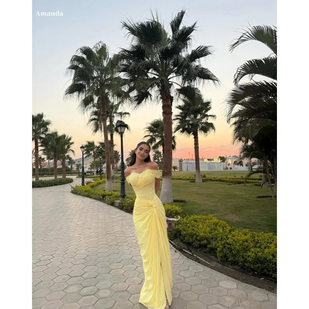 

Amanda Customized Yellow Off The Shoulder Side Slit Prom Dress Strapless Backless vestidos de noche Chiffon Formal Evening 2025