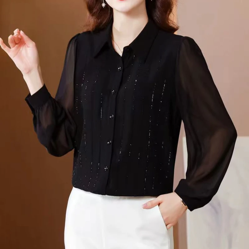 Blusas elegantes de gasa para mujer, camisa informal de manga larga con cuello vuelto, con botones, para primavera y verano, 2023