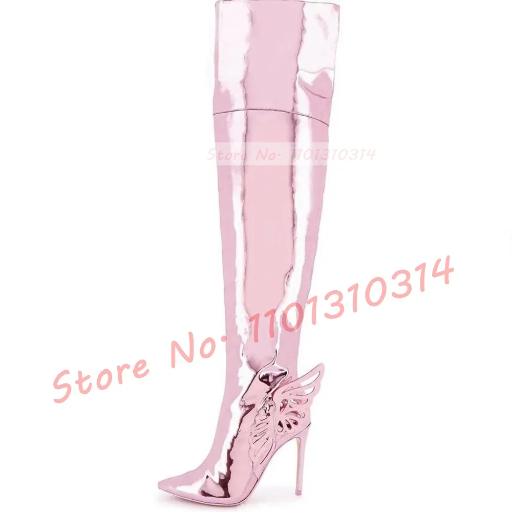 Pink Metallic Leather Wing Boots Women Spring Shiny Pointy Toe Thigh High Heel Shoes Ladies Sexy Luxury Trends Patent Long Boots