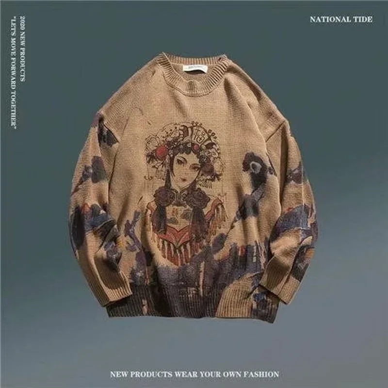 Autumn Chinese Style Printed Dyed Pullover Sweater Men's Loose Retro National Beijing Opera Top Couple Unisex Jumpers Streetwear