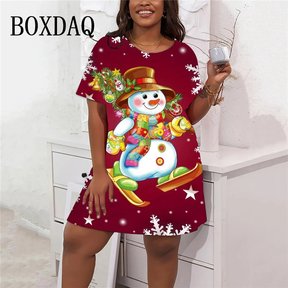 2024 Fashion Women Christmas Party Dresses Casual Cute Cartoon Santa Print Dress Loose Plus Size Short Sleeve A-Line Dress 9XL