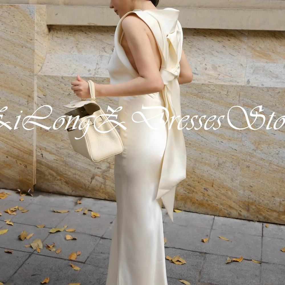 Elegant Party Evening Dresses Woman Sleeveless Ankle Length Straight Empire Bow Satin Solid Color Pleats Bespoke Occasion Gowns