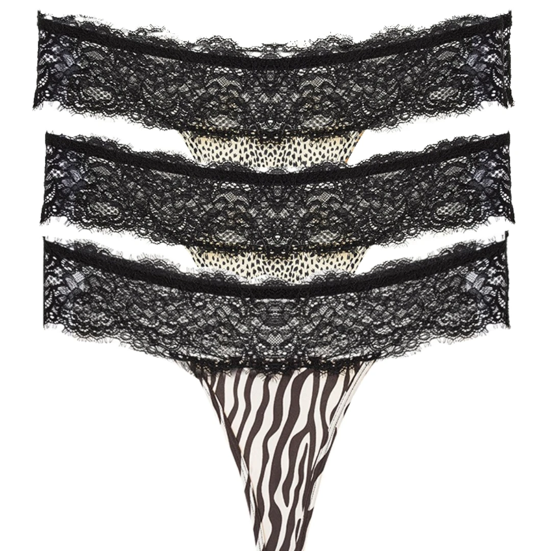 Waistband Feel Lingerie Stretchy Quick-Drying And Breathable Silk Thong Underwear For 3 PCS Girls With Ice Leopard Print Lace Wa