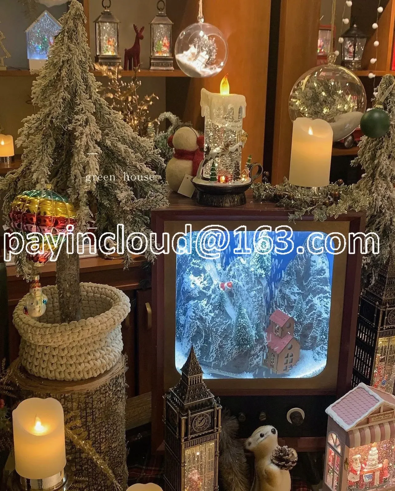 Christmas Gift Green House * Export Christmas Music Large TV Snow Mountain Ski Atmosphere Decoration Coffee Shop