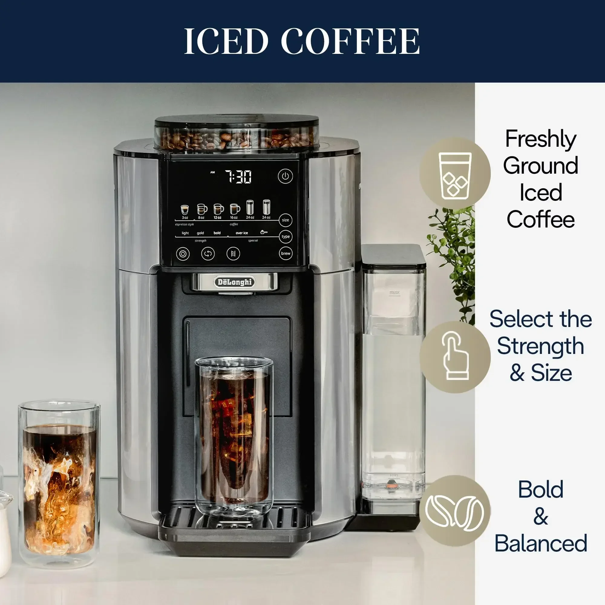 De'Longhi TrueBrew Drip Coffee Maker, Built in Grinder, Single Serve, 8 oz to 24 oz, Hot or Iced Coffee, Stainless, CAM51025MB,