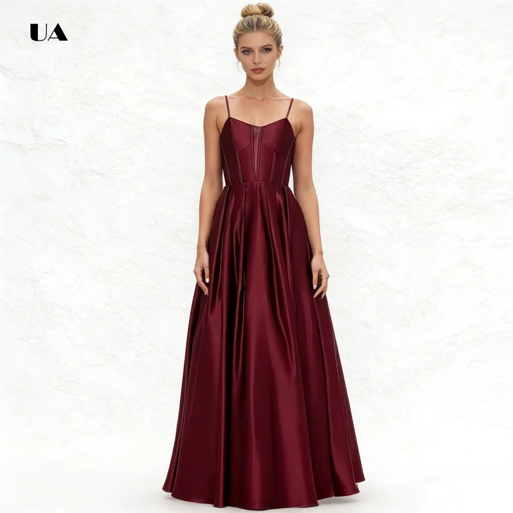 ULBYANRY Schlichtes A-Linien-Abschlussballkleid mit Spaghettiträgern, solides Satin-Abendkleid mit V-Ausschnitt und transparenten Details, individuelles Partykleid