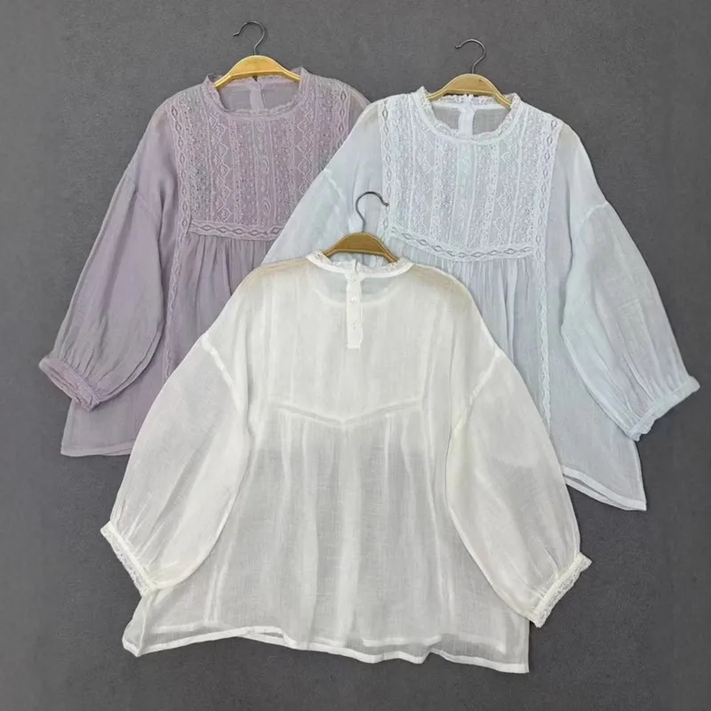 Johnature verão novo retro pulôver renda ramie solto camisa de manga de três quartos 2025 novo casual fino simples blusas femininas