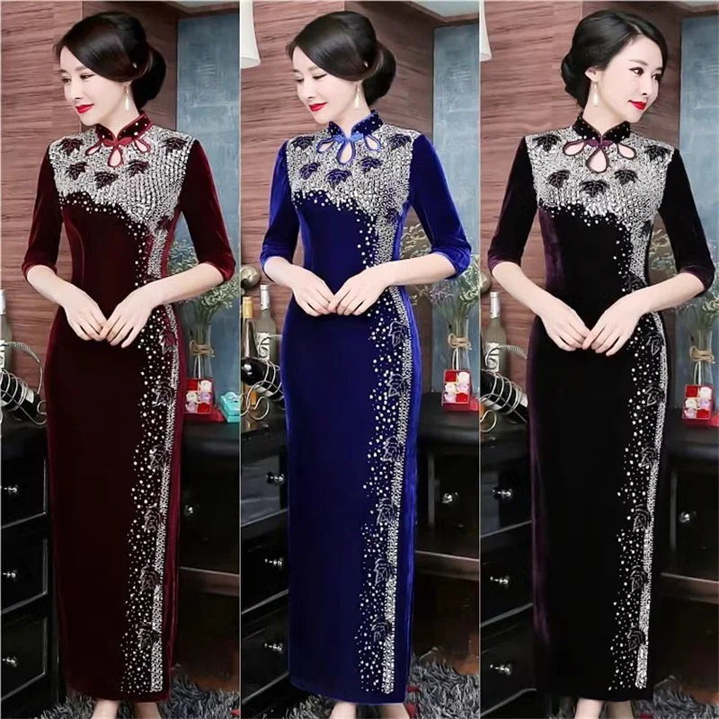 Classic Wedding Mother Cheongsam Dress Banquet High End Handmade Diamonds Golden Velvet Dress Women Elegant Evening Long Dress