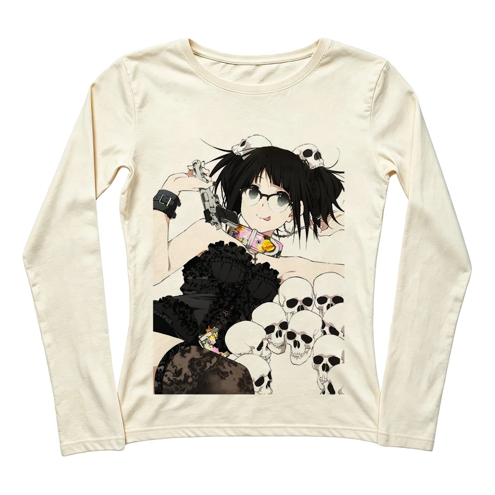 Gothic Alice Wonderland Lolita Retro Print Women Long Sleeve T‑Shirt O‑Neck Aesthetic Ladies Tops