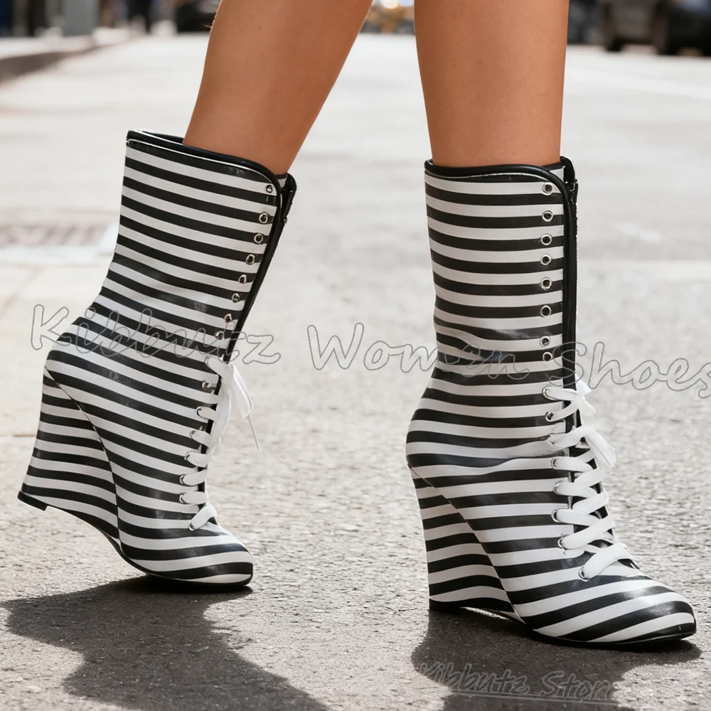 

Striped Ankle Boot Lace Up Mixed Color Lace-Up Leather Mixed Color Fashion Luxury Elegant Concise Sexy Novelty Spicy Girls Shoes
