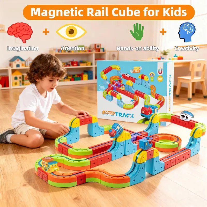 子供向け魔法の電動列車レールキューブおもちゃ DIY組み立て鉄道線路車両ビルディングブロックセット 知育玩具 クリスマスプレゼント