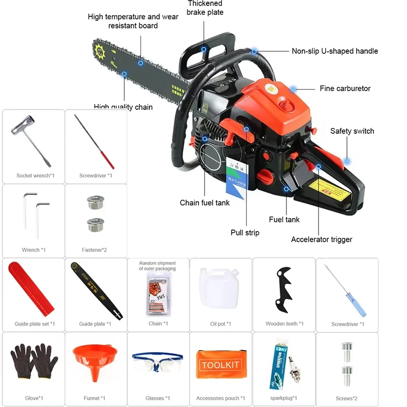 High Power Handheld Gasoline Chain Saw 9800W 87CC Two-Stroke Petrol Logging Tree Cutting Saw for Outdoor Work Lgging Saw