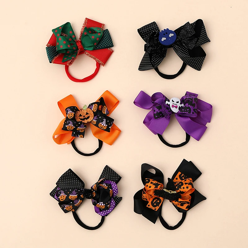 Halloween Funny Ribbon Bow Hair Bands For Baby Girls Ghost Witch Hat Fabric Elastic Head Rope Girls Christmas Hair Accessories