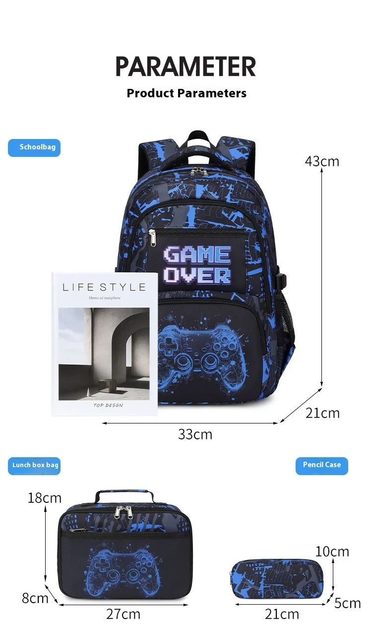 Backpack for Boy with Lunch Bag and Pencil Case 3pcs Boys School Bags for Elementary Student Teen Boys