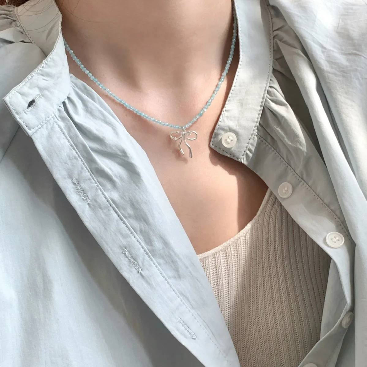 Collier perlé avec nœud en sel de mer, bonbon dopamine, clavicule empilée, frais et doux, vente en gros, vente directe, été, nouveau