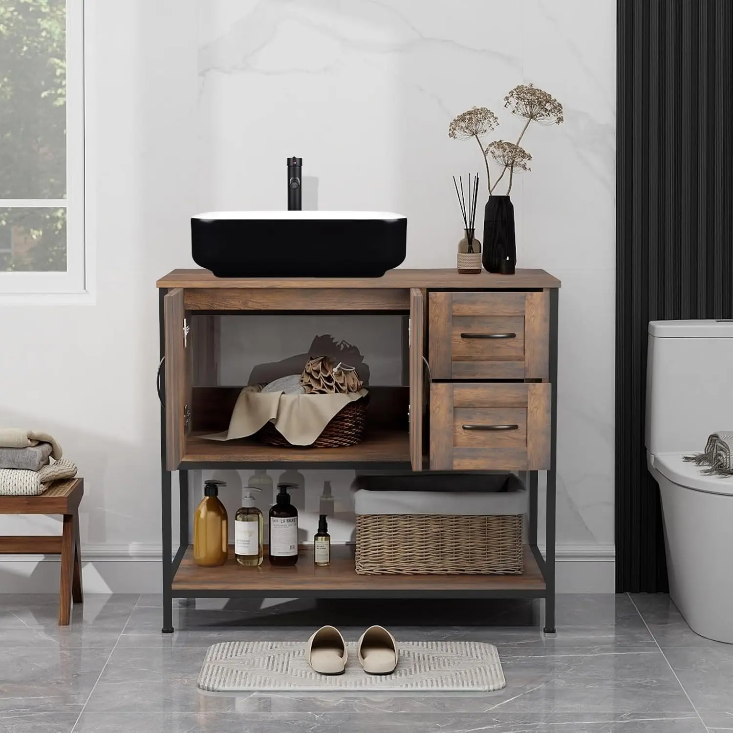 Bathroom Vanity, 36" Bathroom Vanity with Sink Combo Set, Dark Brown Modern Wood Bathroom Cabinet withWhite&Black Ceramic Vessel