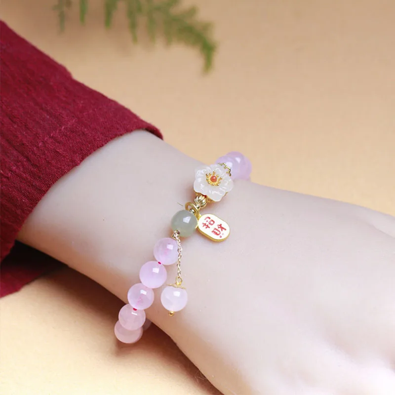 

Натуральный розовый кристаллический браслет с одной петлей, 8 мм, круглые бусины с аксессуарами горячих цветов нефрита, подвеска Zhaocai Nafu, премиум подарок