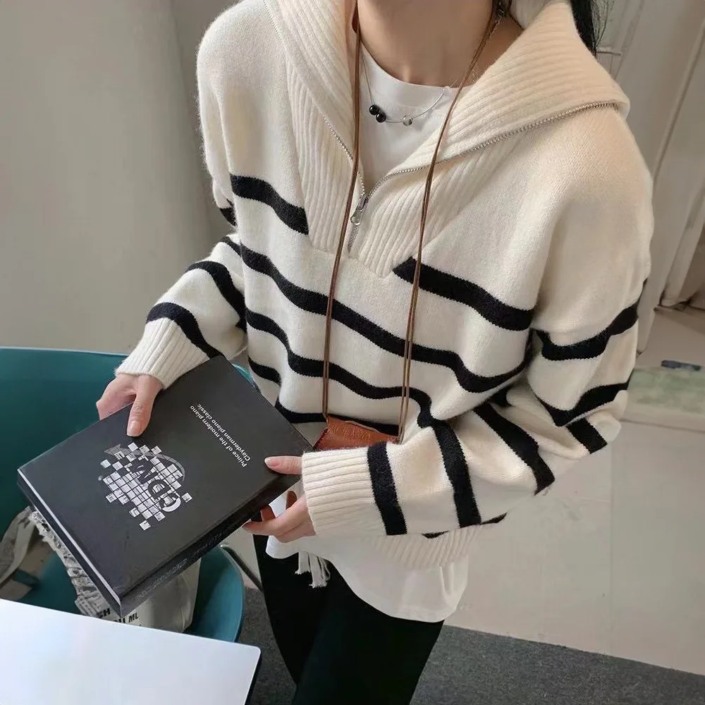 Women Pullovers Sweaters Striped Zipper Turn Down Collar Full Sleeve Loose Casual Jumpers Tops Splice Autumn Winter 2024