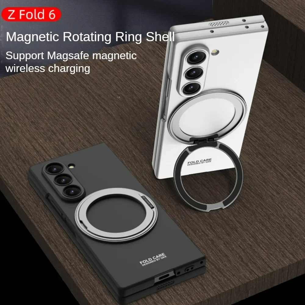 Magsafe Case for Samsung Galaxy Z Fold 6 Matte Magnetic Wireless Charging Rotating Ring Holder Tempered Film Shockproof Cover