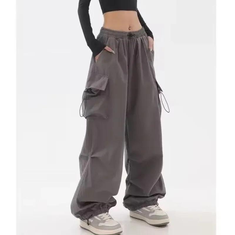 1 Pair Women Cargo Pants, Vintage Streetwear Style, Multi‑Pocket Stylish Design Loose Straight‑Leg Lightweight Trousers, For Lad