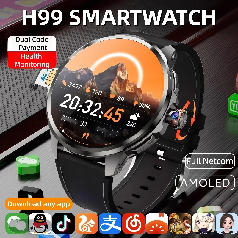 

New H99 SmartWatch SIM Insert Model 1.95 inch AMOLED HD Spherical Screen 128G Memory Video Chat Global Calling Man Watch