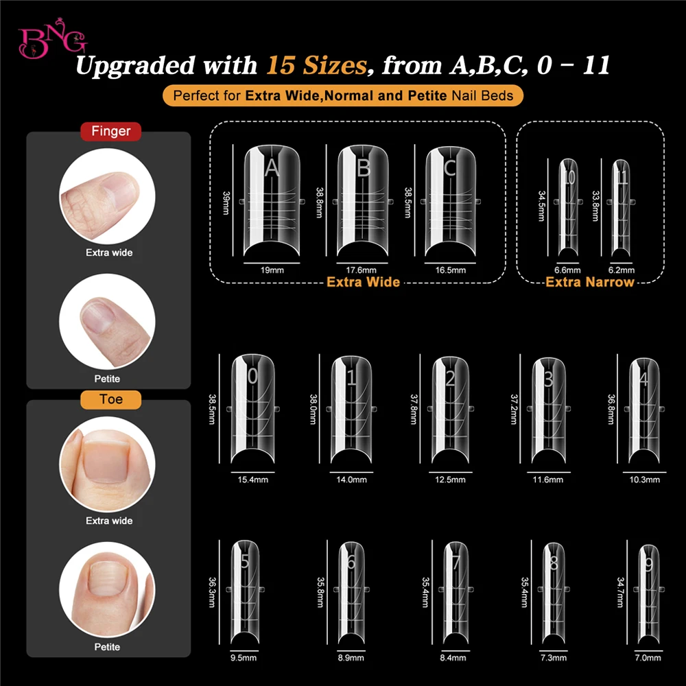 BNG Toe & Nail Dual Forms for Poly Extension Gel & Builder Gel 150Pcs Reusable Natural Curve Nail Molds Half/Full Cover Tips