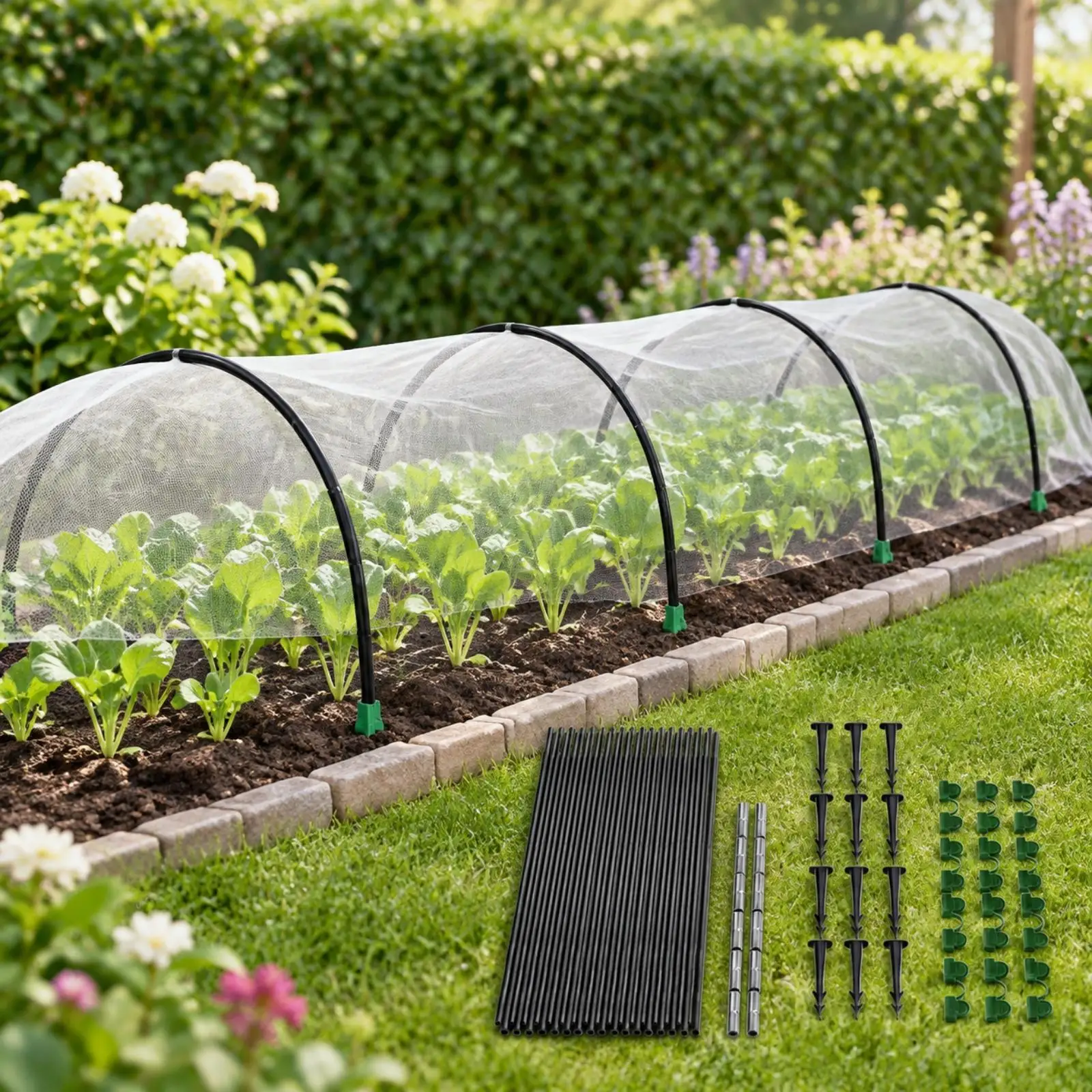 Plant Support Hoop Kit Crop Protection Net Garden Mesh with Fiberglass Rods Metal Stakes Fastening Clips for Vegetable Garden