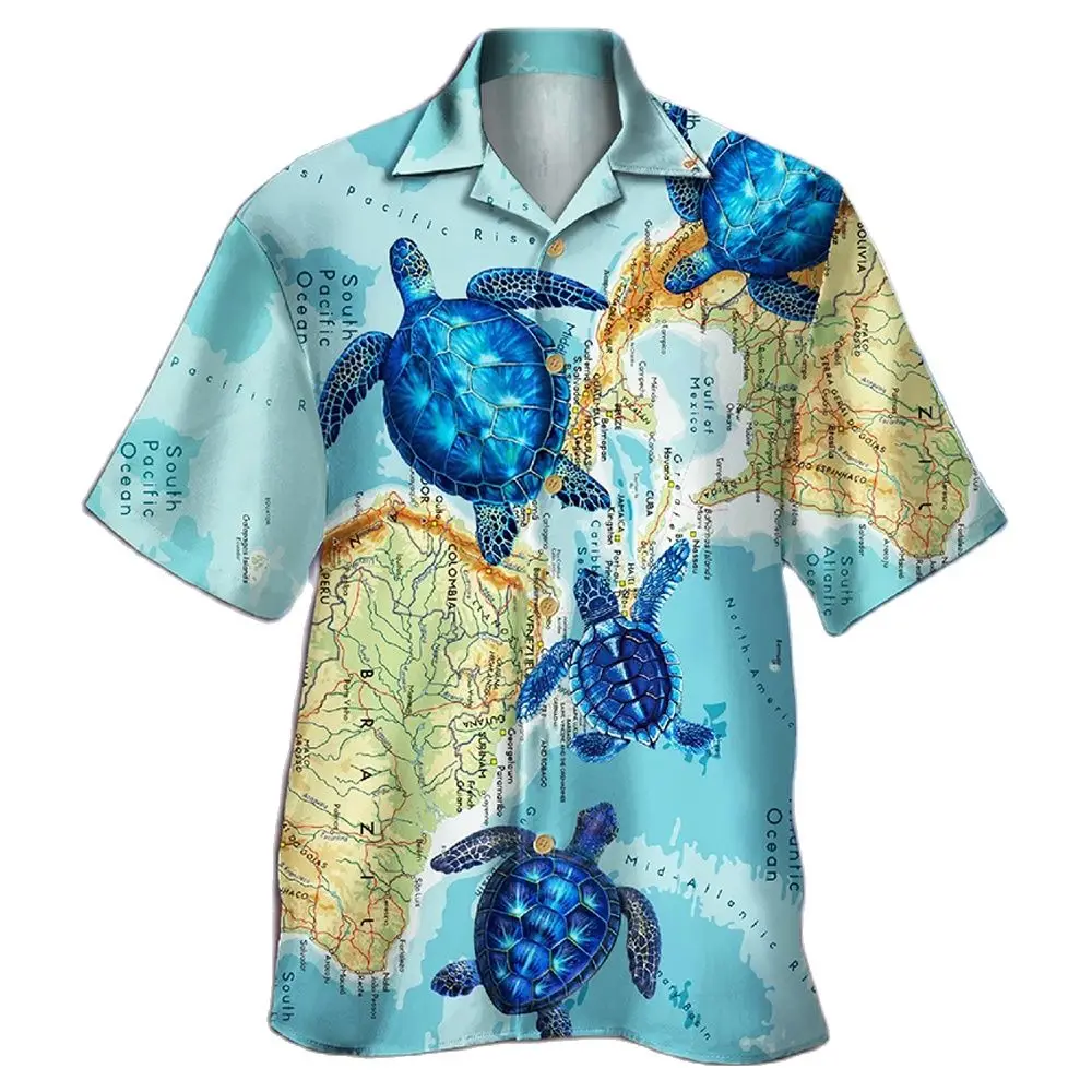 Camisa havaiana com estampa animal subaquática masculina, camisa Aloha Beach, roupa casual vintage extragrande