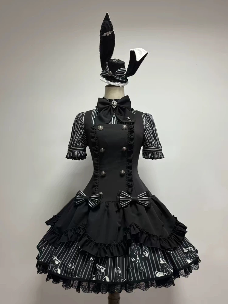 

Niche Dark Spicy Girls Striped Patchwork Lolita Dress Women's Subculture Vintage Punk Puff Sleeve Slim T-shirts 2-piece Set
