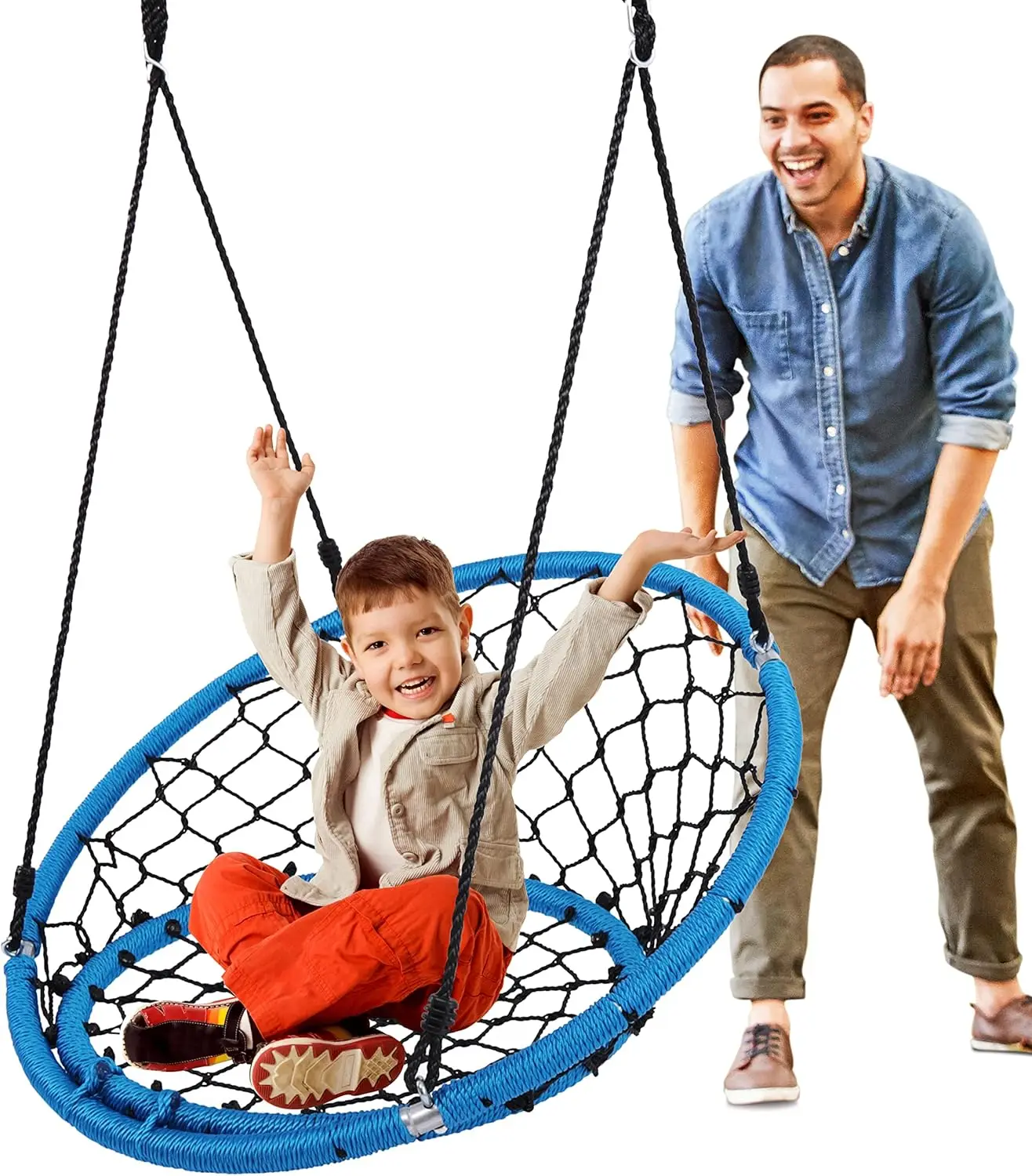 

Kids Indoor Outdoor Hanging Net Swing Seat - 35.5" Round Saucer for Trees or Sets, UV Resistant All-Season