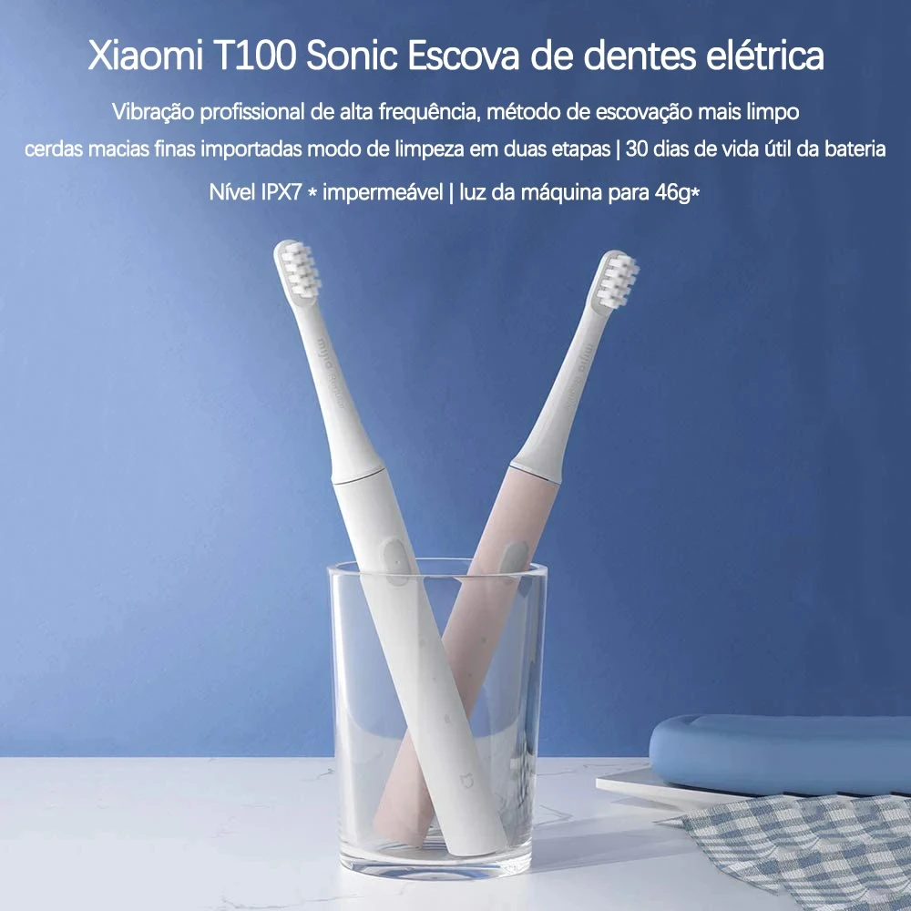 Xiaomi-cepillo de dientes eléctrico Mijia T100, cepillo de dientes inteligente, recargable por USB, resistente al agua, IPX7