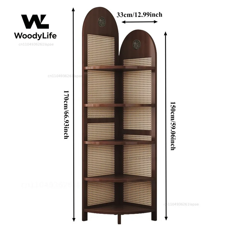 Retro Rattan Woven Decorative Shelf L-shaped Design Solid Wood Corner Cabinet for Living Room, Study, Bedroom