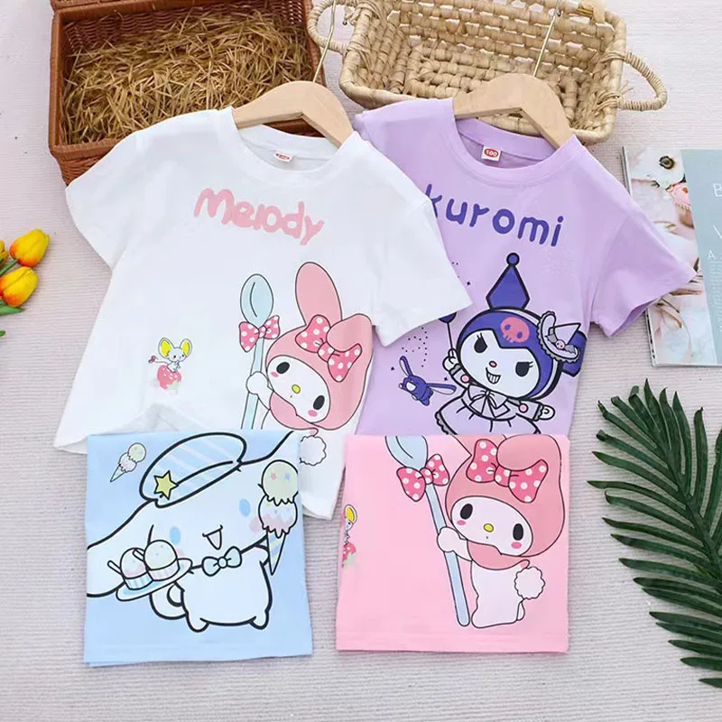 Meine Melodie Mädchen Sommer Baumwolle T-Shirt Kawaii Anime Cinna moroll Kuromi Kind Cartoon Kurzarm lose halbe Ärmel lässige Tops