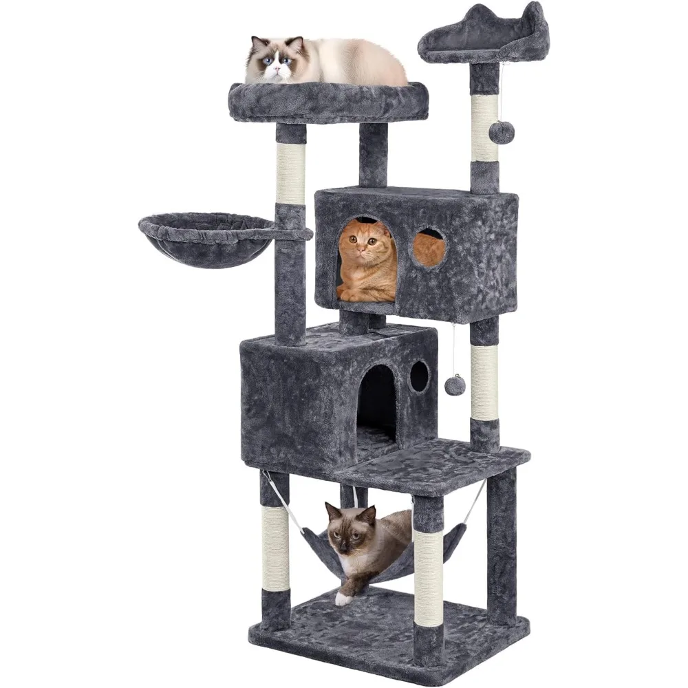 

64.5in Extra Large Cat Tree with 2 Perches, 2 Condos, 5 Scratching Posts, Funny Hammock & Basket & Dangling Balls, Mul