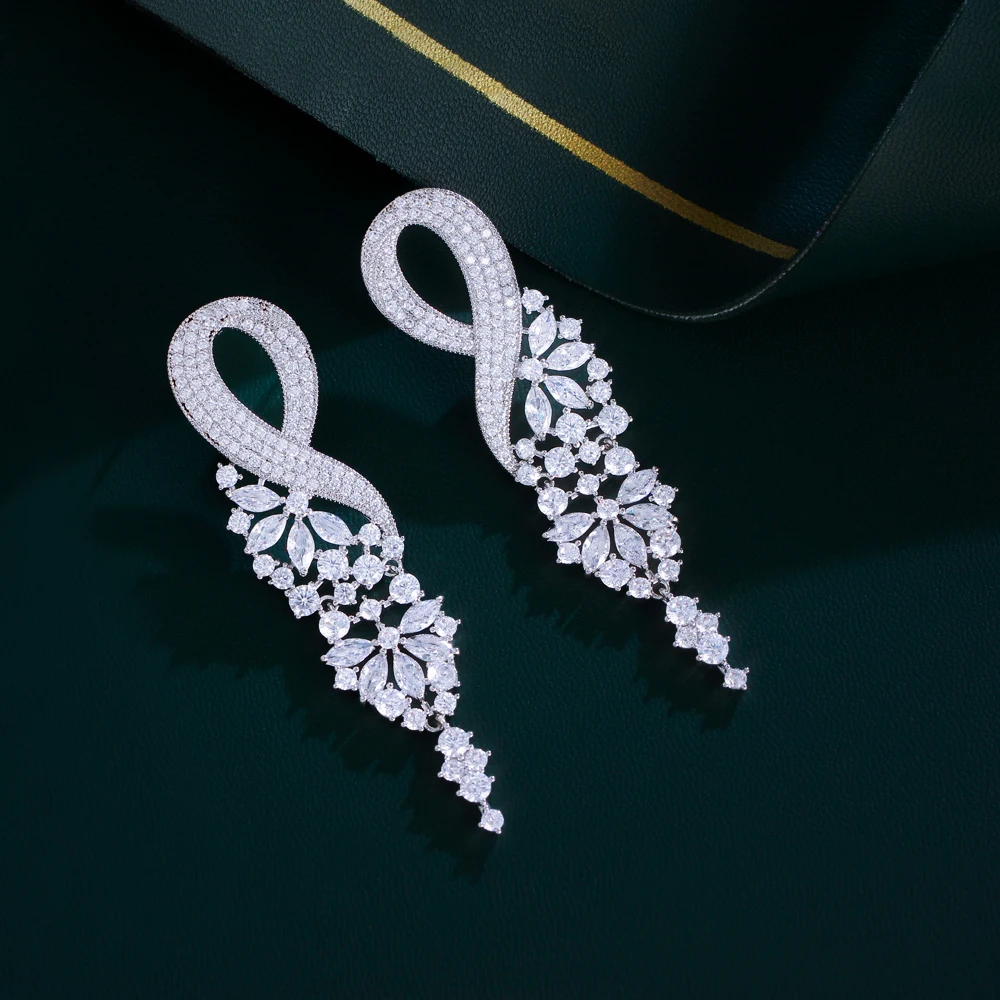 CWWZircons Chunky Shiny White Cubic Zirconia Setting Long Drop Dangling Wedding Engagement Bridal Party Earrings for Women CZ870