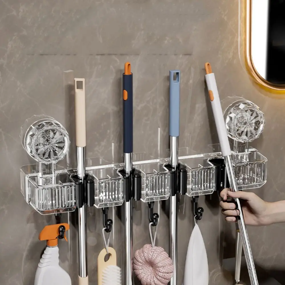 4 Position Suction Cups Wall Clip 5 Hooks Reusable Mop Hanging Rack Strong Suction Waterproof Suction Wall Mount Bracket Kitchen