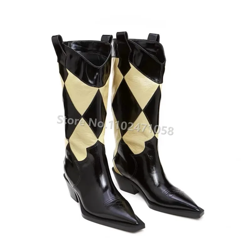 

Balck and White Mixed Color Women Mid-Calf Boots Fashion Checkered Western Cowboys Chelsea Boots Pointed Toe Chunky Heels Boots