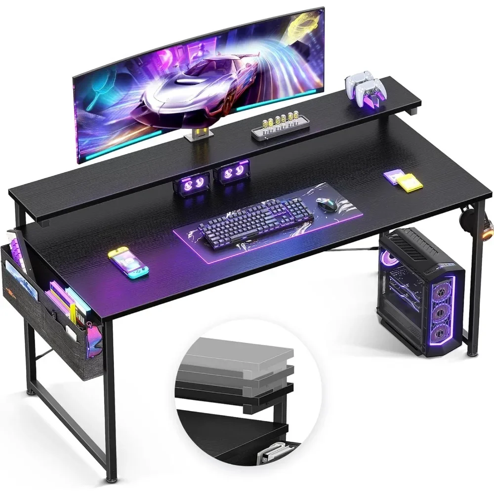 

Computer Desk with Adjustable Monitor Shelves, 63 inch Home Office Desk with Monitor Stand, Writing Desk, Study Workstation