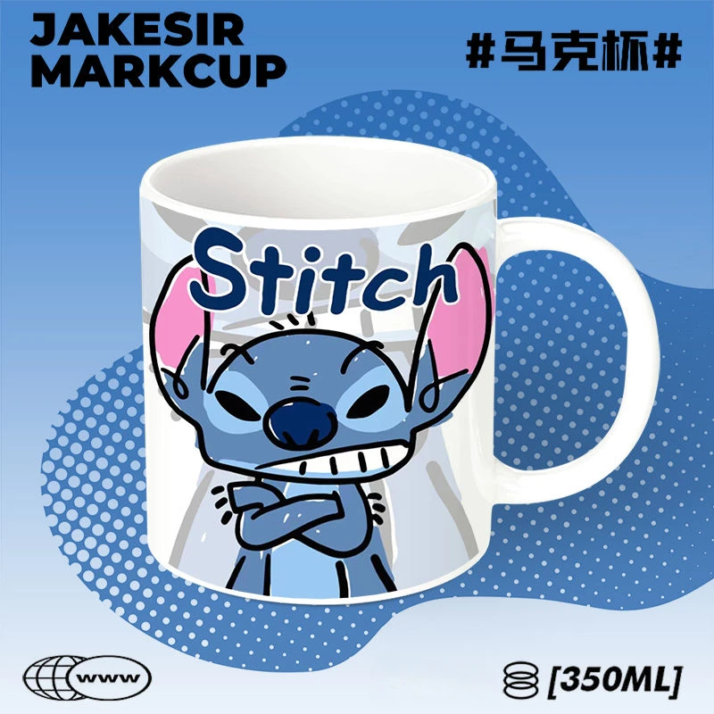 Disney 2pcs Cute Stitch Cartoon Ceramic Mug Breakfast Spoon Creative Pattern Stitch Coffee Tea Mug Office Mug Gift