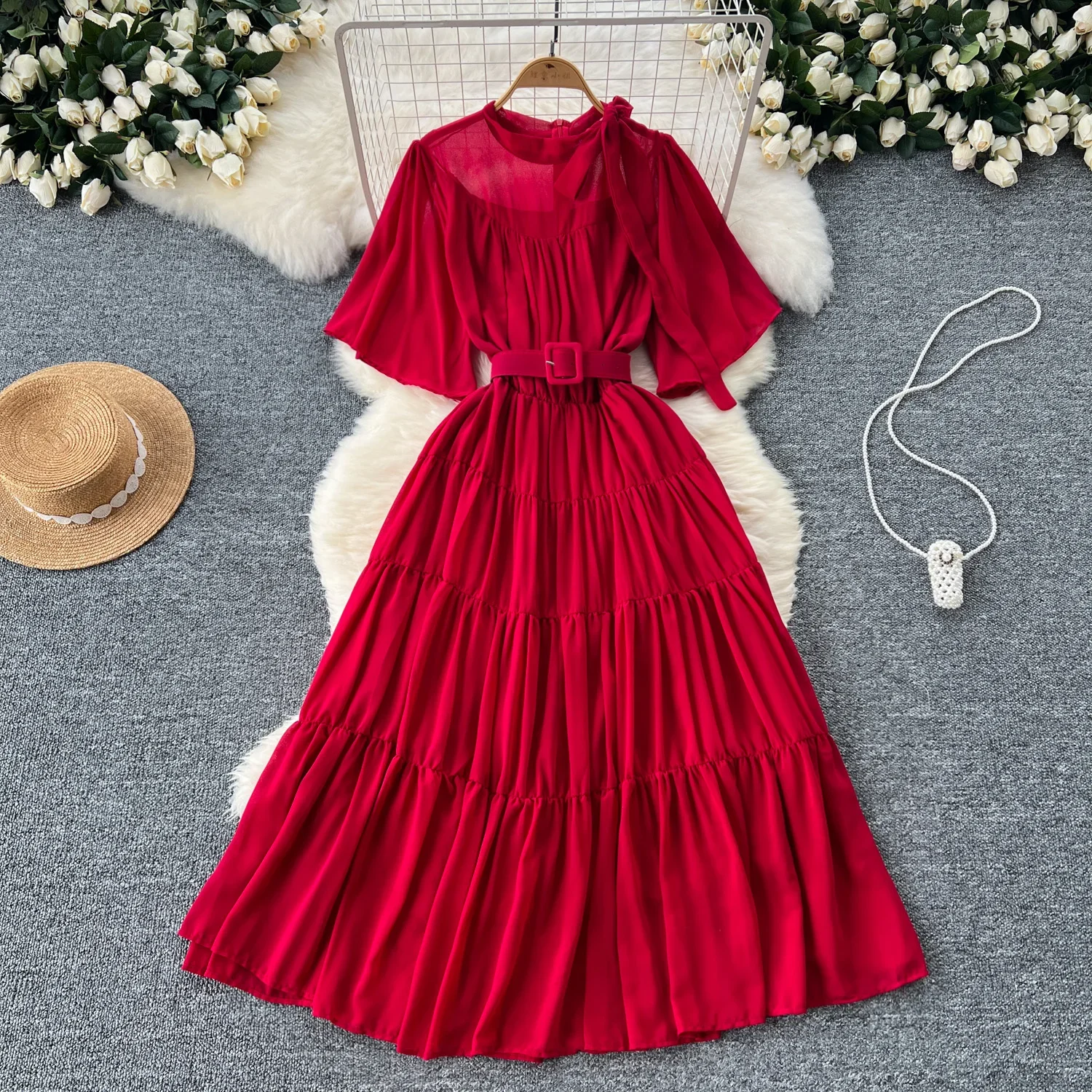 Vintage  Elegant lace-up o neck Flare Sleeve chiffon sweet Dress Women basics Fashion summer Spring dresse