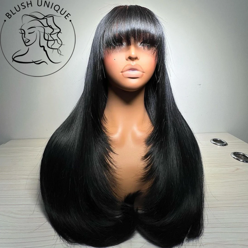 

Straight Layered Cut Wigs with Bangs HD Lace Fake Scalp Synthetic Natural Layered Lace Wig For Women Glueless Heat Resistant Wig