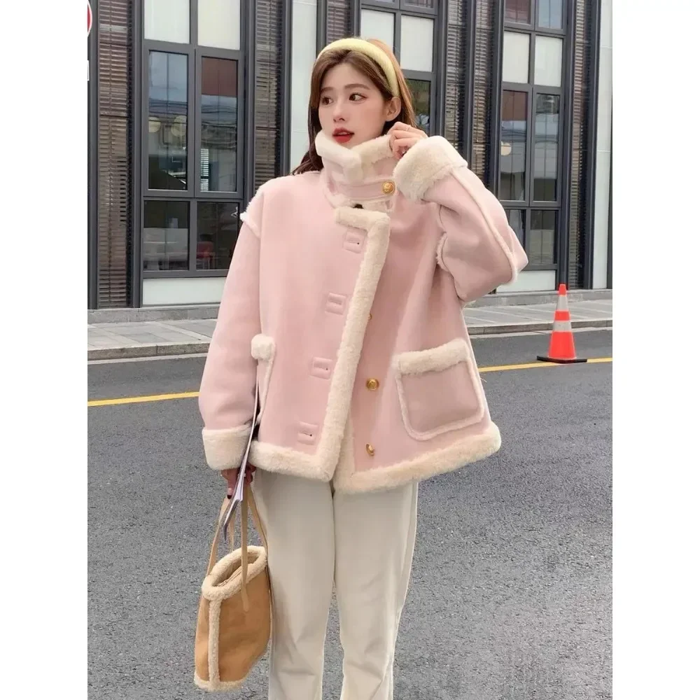 2024 Pink Sherpa Cashmere Jacket Ladies Short Winter Fur Solid Color Loose Stitching Long Sleeve Small Chinese Style Thicke