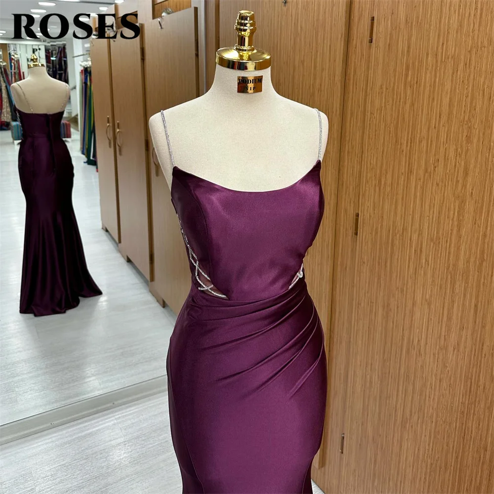 ROSES-vestido de noite roxo para baile, decote redondo, sereia com cordões, vestido de festa longo com pérolas, alças de espaguete