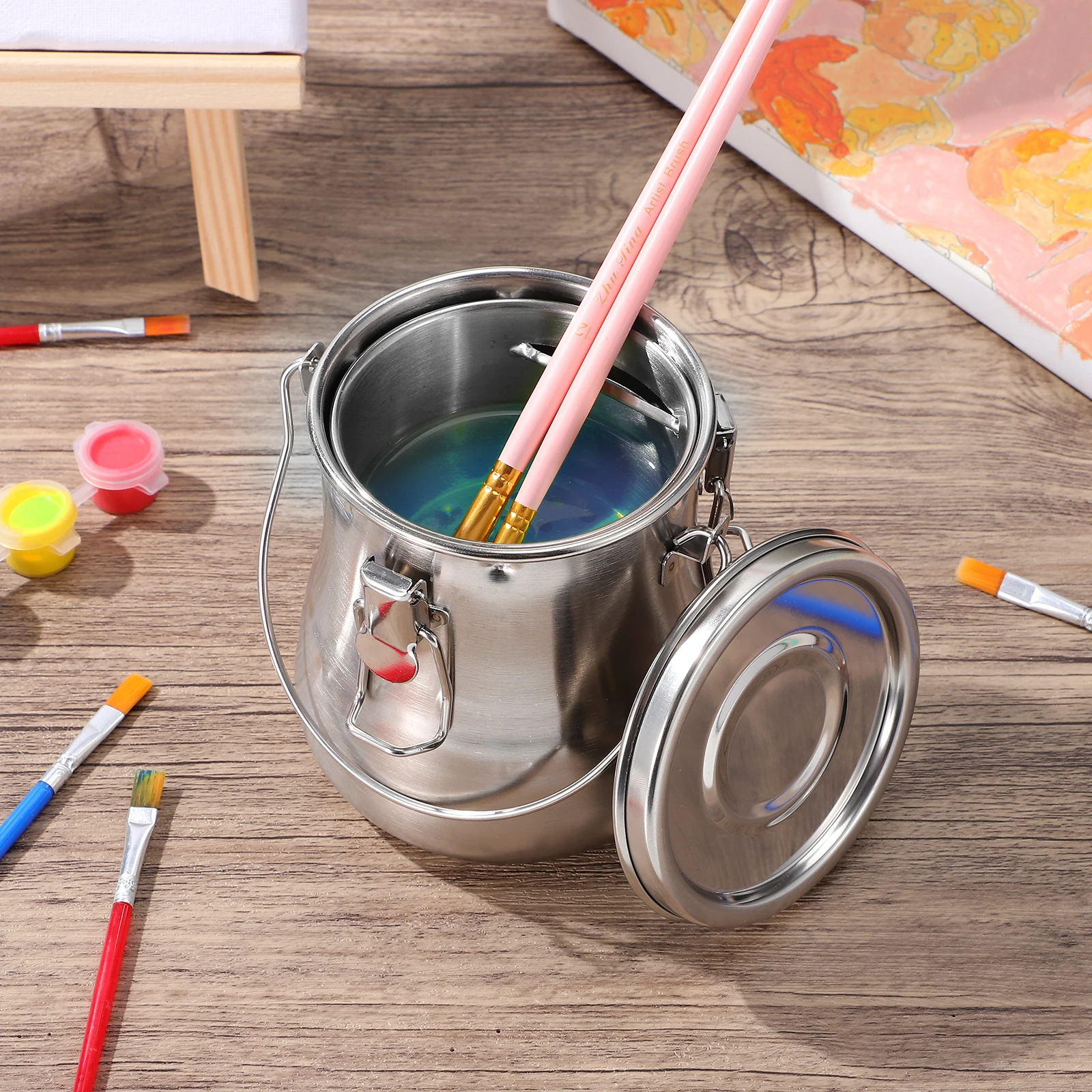 فرشاة رسم زيتية، دلو غسيل متين من الفولاذ المقاوم للصدأ، غطاء محمول، فئة فنية، سفر خارجي، نزهة، صيد، ألوان مائية #5